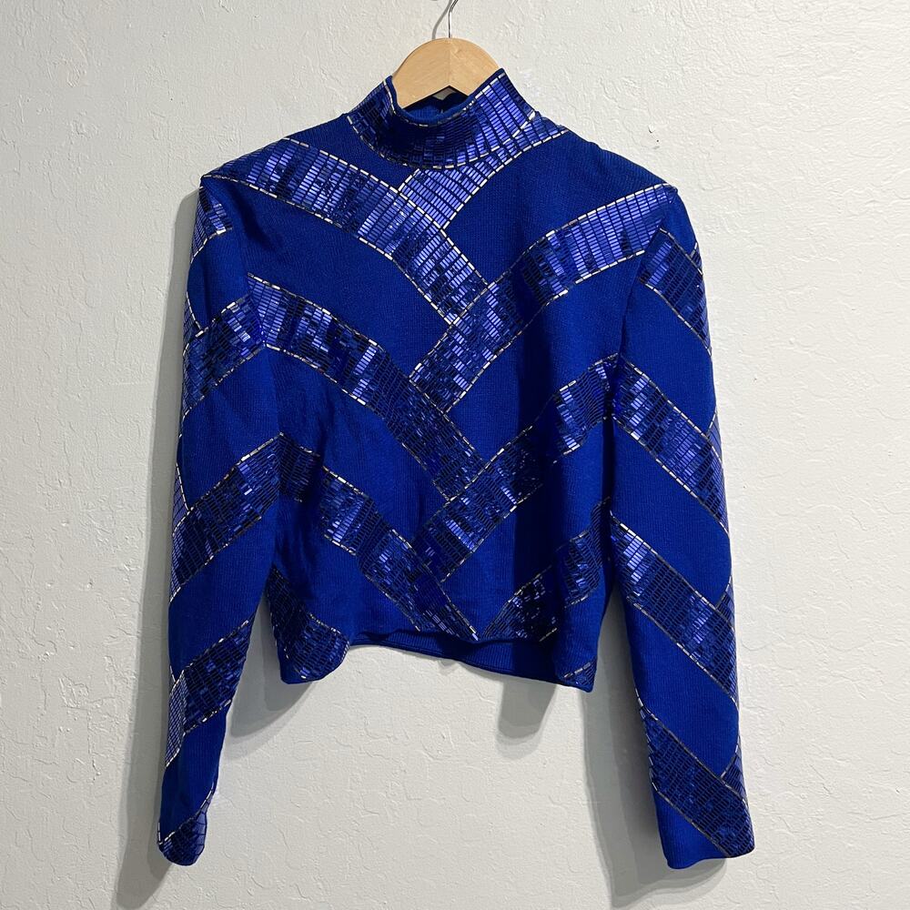 St John Sweater Sz 10 Blue Mock Neck Santana Sequin Knit Top Zipper Retro